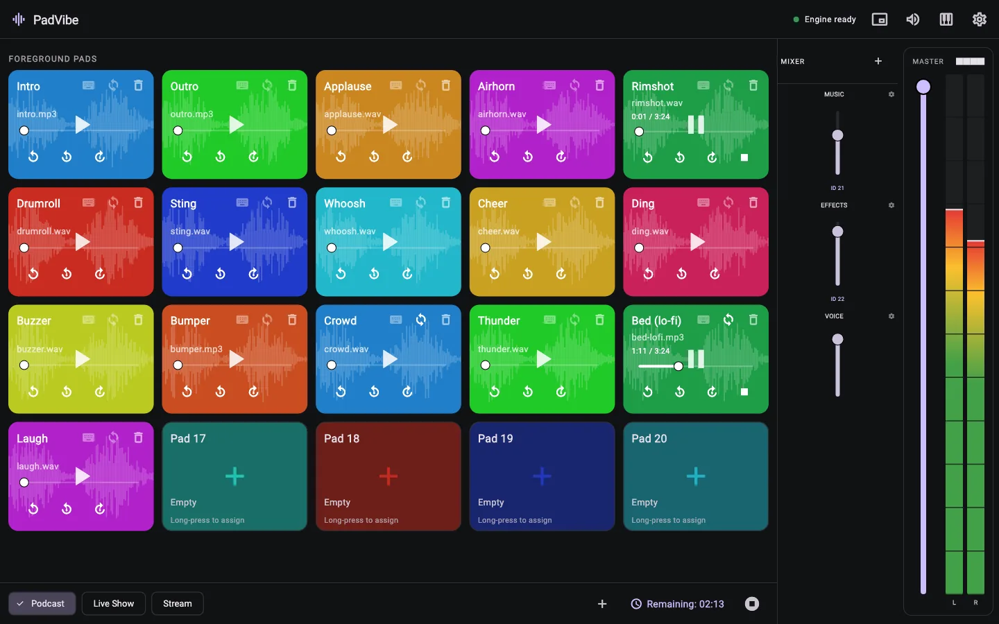 PadVibe main window: a grid of colourful sound pads with waveforms, a mixer with faders, master level meters and a countdown timer