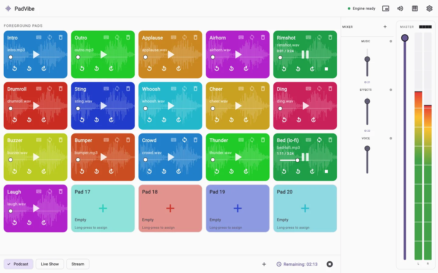 PadVibe main window: a grid of colourful sound pads with waveforms, a mixer with faders, master level meters and a countdown timer