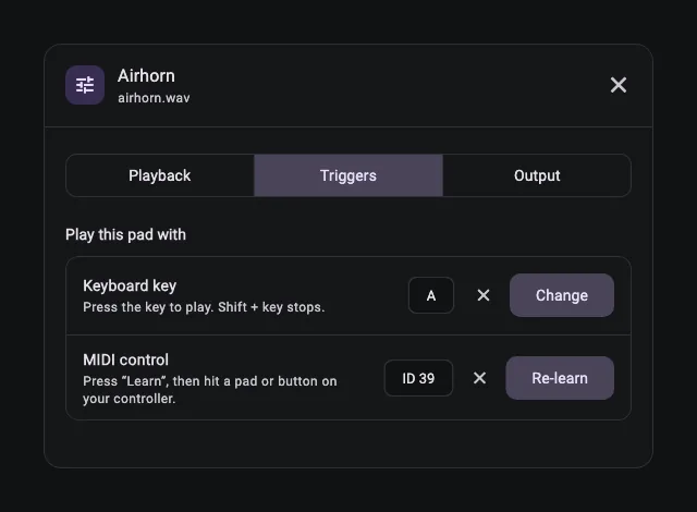 PadVibe pad settings dialog with Playback, Triggers and Output tabs showing keyboard key and MIDI control assignment