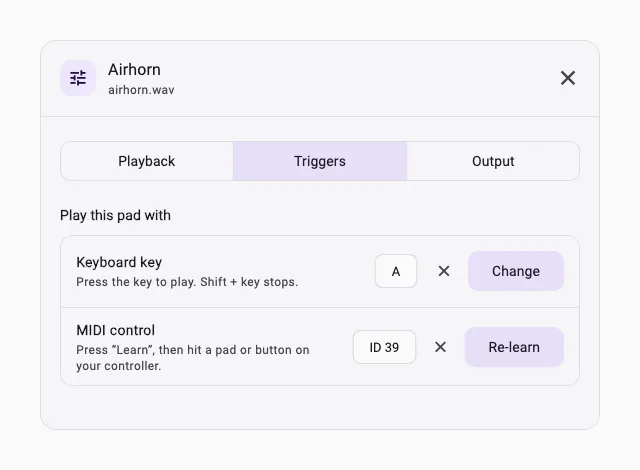 PadVibe pad settings dialog with Playback, Triggers and Output tabs showing keyboard key and MIDI control assignment