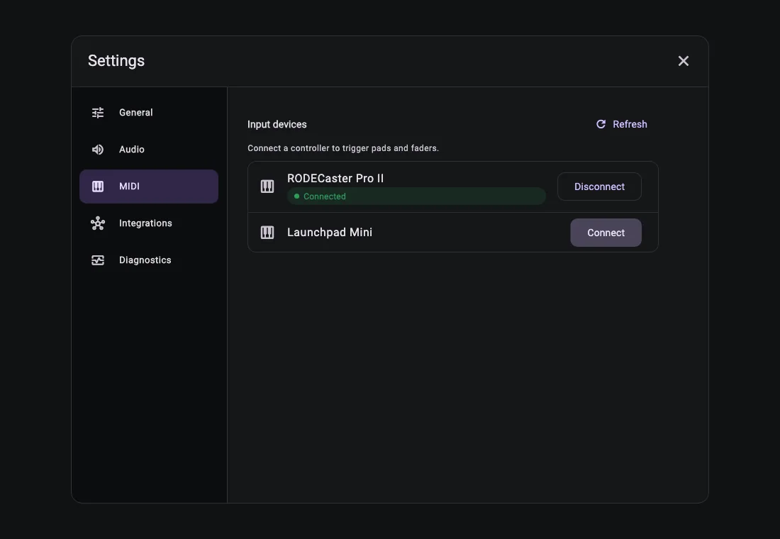 PadVibe settings screen listing MIDI input devices with Connect buttons
